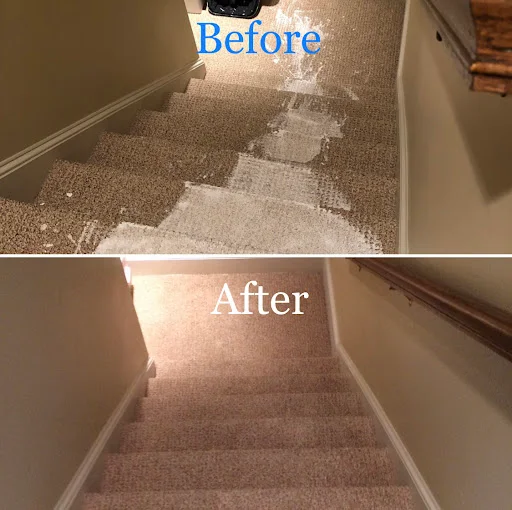 Before and after: stained stair carpet restored by Pure Carpet Cleaners in Atlanta